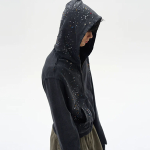 Sudadera con capucha extragrande personalizada con pedrería, estilo urbano, con cremallera, para hombre, fabricante OEM/ODM, sudadera con capucha completamente con pedrería - Product Image 6