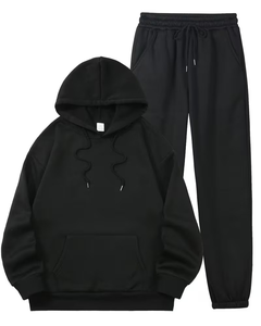 Unisex Black Hoodie Jogger Set Solid Color Two-Piece Tracksuit Casual for Outfit Full Sleeve Fleece Breathable Quick-Dry - Product Image 1