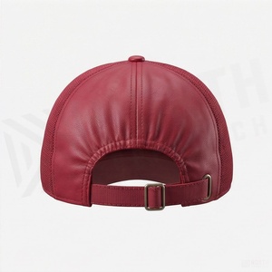 Casquette de camionneur en cuir PU rouge, 6 panneaux, dos en maille, réglable, snapback, unisexe, décontractée, couleur unie, casquette de baseball - Product Image 2