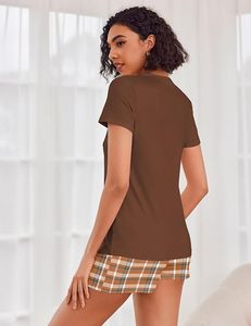Conjunto de pijama de satén liso para mujer, Top de manga corta con cuello en V y pantalones cortos con bolsillo, cintura elástica, ropa de dormir informal de invierno - Product Image 2