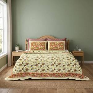 Cubrecama Antiguo con Estampado Floral, de Algodón Indio, Hecho a Mano en Jaipur, Estilo Boho, Tamaño King, Decoración para Dormitorio - Product Image 5