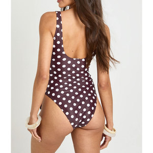 Women Polka Dot One Piece Swimsuit Deep V Neck Twist Front High Cut Stretch Swimwear - Product Image 2