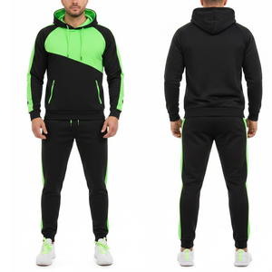 Ensemble de survêtement noir pour homme personnalisé, avec sweat à capuche asymétrique vert fluo et pantalon, deux pièces, style streetwear, pour la gym et le sport - Product Image 3