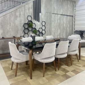 Juego de Comedor Moderno de Lujo con Mesa de Madera de Teca y Sillas Tapizadas Contemporáneas para Hotel o Villa - Product Image 1