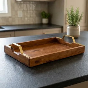 Wooden Snack Serving <b>Tray</b> with Golden Finish Handle | Brown Wood Multipurpose Serving Platter | Modern Tea <b>Breakfast</b> <b>Tray</b> - Product Image 4