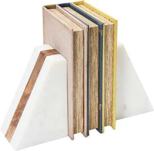 Marble Geometric Bookends with Wood Inlay white book ends heavy duty bookend wholesale book holder luxury desk decor - Product Image 4