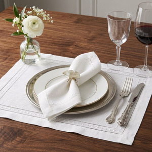 Custom Classic Washable Reuse Embroidery Dots & Double Hemstitch <b>Placemats</b> Napkins Sets 100% Cotton Mats Home Wedding Events - Product Image 1