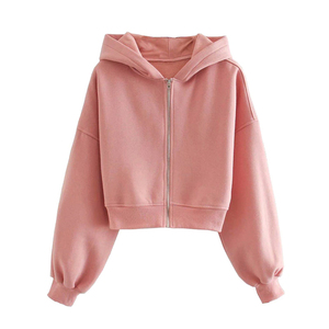 Women Hooded Crop <b>Top</b> <b>Long</b> <b>Sleeve</b> Solid Color Zipper-Up Sweatshirt Casual Loose Fit Streetwear Style Autumn Wear - Product Image 1