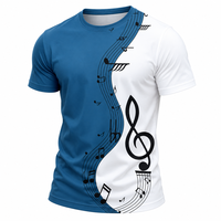 T-shirt personnalisé pour homme avec imprimé notes de musique, bleu et blanc, col rond, manches courtes, tee-shirt graphique, vente en gros, marque privée