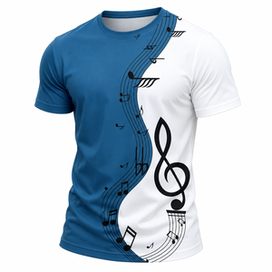 Custom <b>Mens</b> Music Note Print T <b>Shirt</b> Blue <b>White</b> Crew Neck <b>Short</b> <b>Sleeve</b> Graphic Tee Wholesale Private Label - Product Image 2