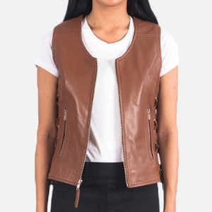 Chaleco de cuero para mujer, marrón, informal, sin mangas, con cuello redondo y cremallera, top de otoño, superventas, a la moda, estilo motero, prenda exterior, abrigo, tops - Product Image 1