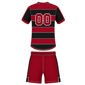 Conjunto de Uniforme de Rugby Rojo Carmesí y Negro de Manga Corta, Jersey de Rugby a Rayas con Cuello Redondo, Pantalones Cortos con Cordón, Ropa Deportiva para Entrenamiento - Product Image 2