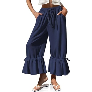 Womens <b>Linen</b> Wide Leg <b>Pants</b> Casual <b>Cropped</b> Ruffle with Ties Palazzo Flowy Drawstring Loose Cute <b>Pants</b> with Pockets - Product Image 1