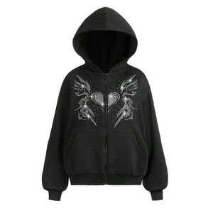 <b>Black</b> Oversized Pullover Hoodie Rhinestone Heart <b>Wings</b> Design Regular Fit Unisex Fleece Sweatshirt Quick Dry Pocket Casual - Product Image 1