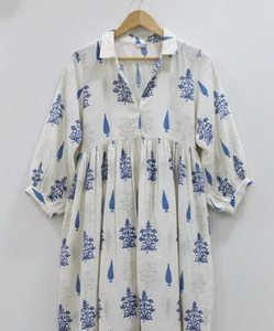 Robe tunique midi pour femme 100% coton, col en V, manches bouffantes, silhouette en A, respirante, écologique, tie-dye dessiné à la main - Product Image 5