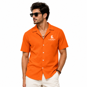 Chemise Hawaïenne Orange Personnalisée pour Homme, Col Camp, Manches Courtes, en Polyester, pour Plage et Resort, Couleur Unie, Respirante, Idéale pour l'Été - Product Image 1