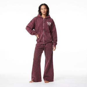 Hot Selling Women’s Full <b>Zip</b> Hoodie Acid Wash Distressed Wide Leg Flared <b>Jogger</b> Cotton Fleece Breathable Two Piece - Product Image 3