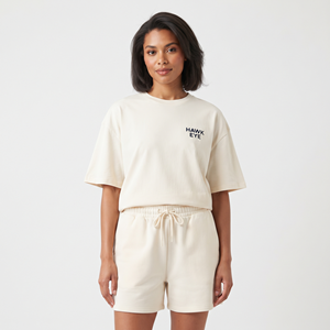Ensemble deux pièces pour femme 2026 : T-shirt oversize à épaules dénudées et short à motif uni, taille élastique, 100 % coton - Product Image 5