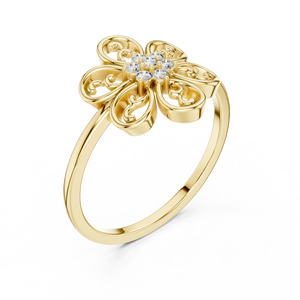 Bague en or jaune avec grappe florale et diamant de laboratoire |   Bague de promesse à fleurs d'inspiration vintage pour femme, cadeau d'anniversaire - Product Image 1