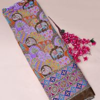 Tissu ethnique indien en crêpe léger, Ocre brûlé enchanteur, motif Éléphant Paon Daman, 54 pouces, avec accent de paillettes scintillantes