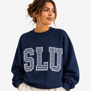 Sudadera Oversize Azul Marino con Cuello Redondo, Estampado de Letras SLU, Aplique Bordado, Personalizable, Unisex, Informal, de Punto, de Algodón - Product Image 1