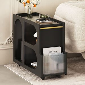 Tavolino Moderno in Vetro Temperato Scanalato da 5mm con Ruote Bloccabili e Dettagli Dorati - Product Image 2