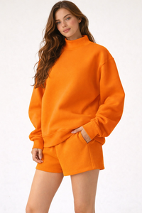 High Quality Breathable Eco-Friendly Polyester Cotton Fleece Solid Color Mockneck Streetwear Sweatshirt 2 Piece Shorts Winter - Product Image 5