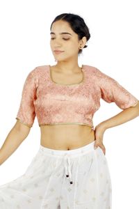 Chemisier rose en jacquard à fleurs pour femmes, haut court à col carré et manches courtes, pour tenue habillée - Product Image 3