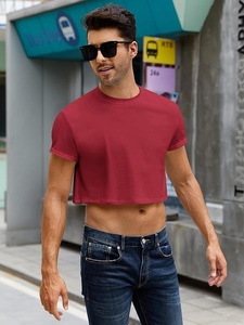 T-shirt court pour homme, rouge, manches courtes, col rond, couleur unie, décontracté, tricoté, coupe ajustée - Product Image 4