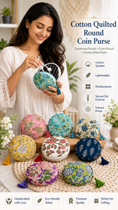 Womens Multi-Functional Cotton Quilted Boho Round <b>Mini</b> Bag Eco- Friendly <b>Pouch</b> With Zipper Closure for Coins And Earphones - Product Image 6