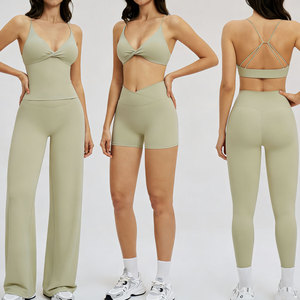 Solid Color Two Piece Yoga Set High Waist Leggings And <b>Bra</b> With Twist Design Crisscross Back Breathable Spandex Polyester - Product Image 5