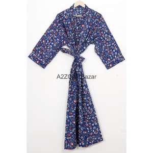 Kimono Informal Romántico 100% Algodón, Largo, con Cierre de Cordón, para Dormir, para la Playa, con Diseño Floral Indio, para Verano - Product Image 1