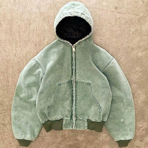 Sweat à capuche zippé personnalisé de haute qualité pour homme, effet vieilli et délavé à l'acide, style vintage, épaules tombantes, coupe courte, en polaire coupe-vent, pull en coton pour l'hiver - Product Image 1