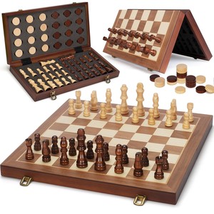 Jeu d'échecs et de dames en bois de pin avec tiroir de rangement - Vente en gros, jeu de société éducatif, design moderne du milieu du siècle - Product Image 2