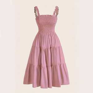 Women's Smocked Ruffle Strap Tiered Midi <b>Dress</b> Square Neck <b>Elastic</b> Waist Sundress Summer Casual A-Line <b>Dress</b> - Product Image 3
