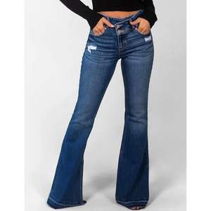 2025 pantalones vaqueros acampanados elásticos de cintura alta para mujer pantalones vaqueros rasgados ajustados con parte inferior de campana bolsillos estilo delgado diseño transpirable - Product Image 5