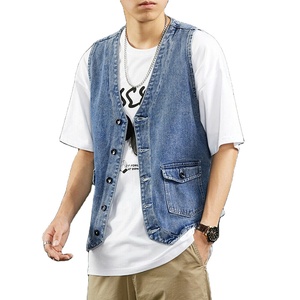 เสื้อกั๊กยีนส์คอวีลำลองสำหรับผู้ชาย, เสื้อแจ็คเก็ตแขนกุดพร้อมกระเป๋ามีกระดุม100% คอตตอนระบายอากาศใช้งานกลางแจ้ง - Product Image 4