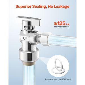 Confezione da 10 valvole di intercettazione angolare a compressione da 1/2 pollice PTC x 3/8 pollici OD, a 1/4 di giro, in ottone cromato, con attacco a pressione per acqua, OEM PTFE - Product Image 3