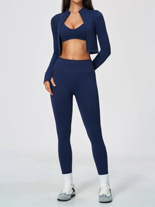Conjunto de Yoga de 3 Piezas de Spandex/Nylon Cepillado, Ajustado, Moldeador, de Secado Rápido, Transpirable, Elástico en Cuatro Direcciones, Cintura Alta y Cuello en V - Product Image 4