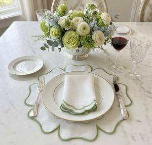 Custom Embroidered Luxury Green Flower Shape Napkin Sets Place Mats White Cotton Washable Handmade Mats for Weddings Home Events - Product Image 1