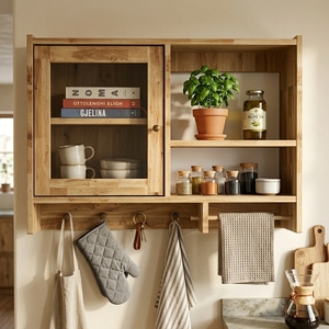 Meuble mural en bois avec portes vitrées, étagères, porte-serviettes et crochets – Unité de rangement flottante polyvalente pour cuisine et salle de bain - Product Image 4