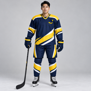 Uniforme de hockey sur glace personnalisé pour adultes, vêtements de sport respirants imprimés par sublimation bleu marine et jaune pour hommes, service OEM - Product Image 1