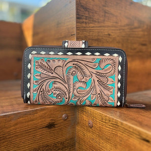 Cartera con acento turquesa de cuero labrado a mano al por mayor más nueva para mujer, cartera grande de cuero genuino para tarjetas de crédito - Product Image 5