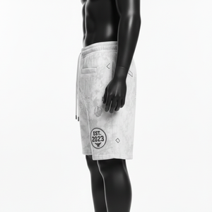 Shorts en molleton de coton premium 340 GSM, gris clair, effet délavé, avec patch embossé et logo personnalisé pour homme - Product Image 3