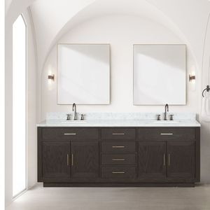 Vanità da bagno doppio rovere marrone 84 In. Largo X 22 In. Profondo con piano In marmo di Carrara 36 pollici. Rubinetto Set 36 In. Specchietti 22 In. Alto - Product Image 3