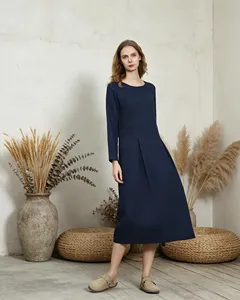 Robe midi élégante en coton et lin bleu marine, manches longues, col rond, style bohème, coupe ample, décontractée, à porter au quotidien - Product Image 3