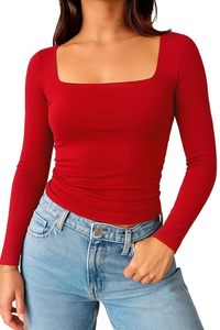 <b>Red</b> Casual Stylish Square Neck Slim Fit Long Sleeve Printed Women's Cotton T-Shirt Polyester/Cotton Knitted <b>Fabric</b> Breathable - Product Image 2