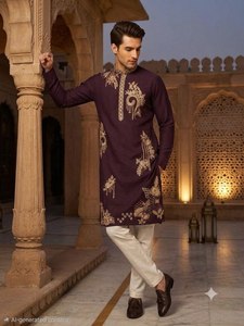 Kurta pour homme brodé bordeaux, haut formel pakistanais à manches longues, chemise de fête pour cérémonie de mariage - Product Image 2