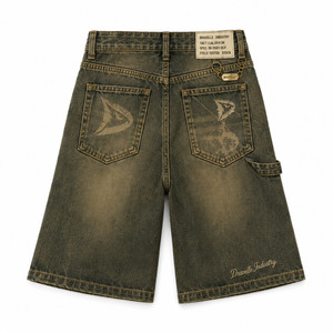 Washed Olive Denim Jorts Men Baggy Y2K Streetwear <b>Shorts</b> with Distressed Finish & Utility Loop Low MOQ Wholesale - Product Image 3