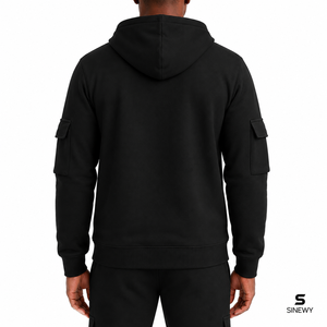 Sweat-shirt à capuche zippé noir pour homme, coupe classique, couleur unie, doublure polaire 100% coton, décontracté, hiver, avec poches, motif thermocollé - Product Image 6
